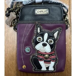 NEW CHALA BOSTON TERRIER CELL PHONE CROSSBODY PURSE ADJUSTABLE STRAP PURPLE NWT